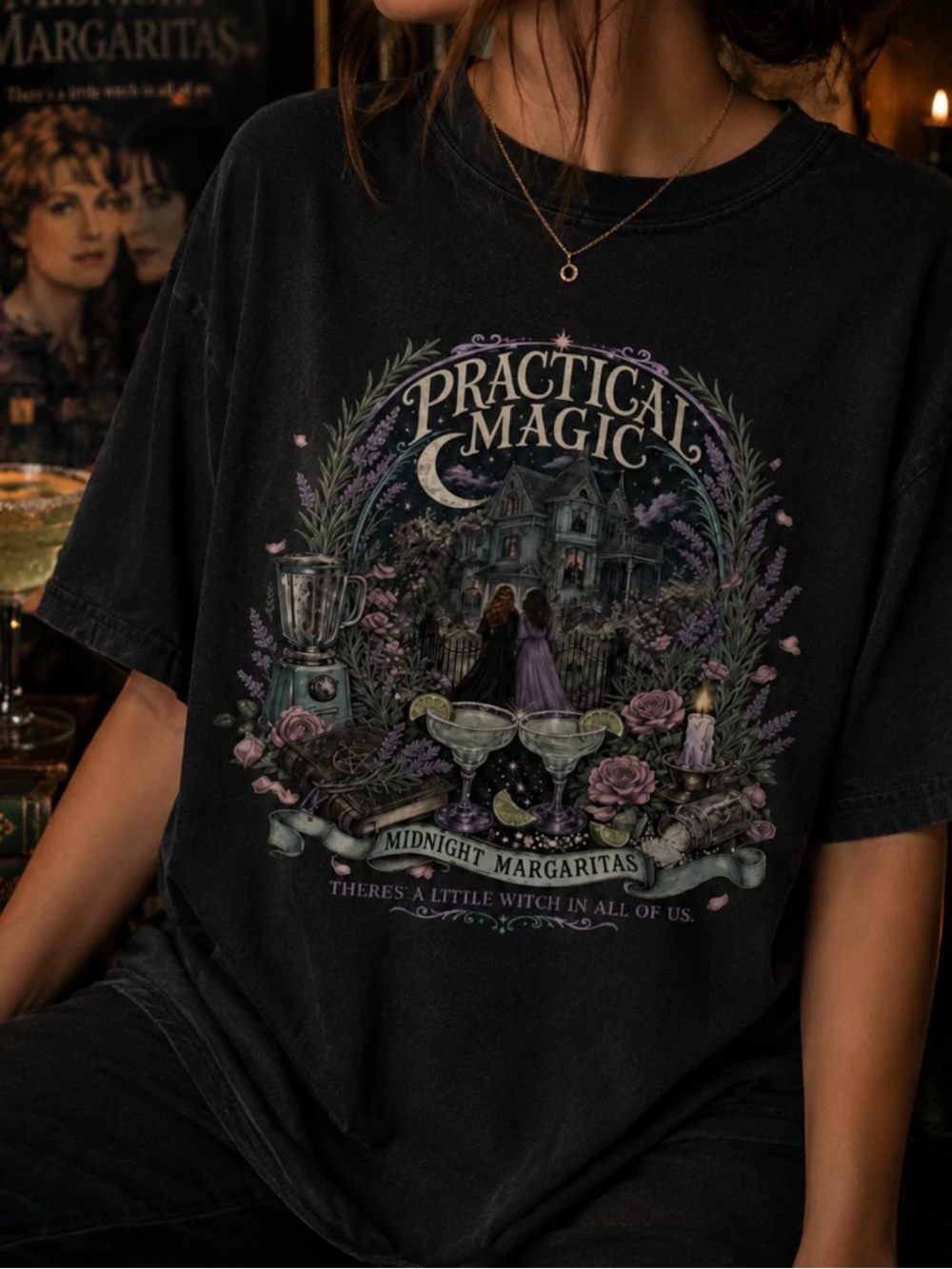 Practical Magic Midnight Margaritas Witchy Halloween Graphic Tee - Black